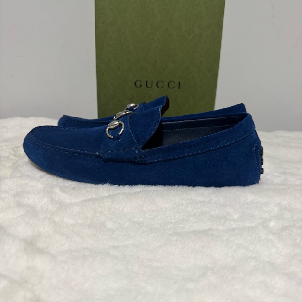 Gucci Navy Suede Horsebit Driving Loafers - Picture 4 of 7